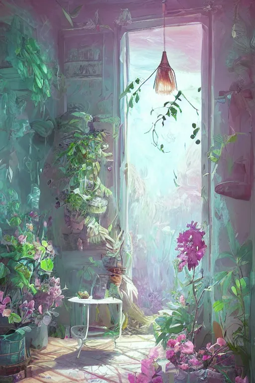 Prompt: beautiful digital matter cinematic painting of whimsical botanical illustration of shabby chic dressing room by greg rutkowki and alena aenami artstation