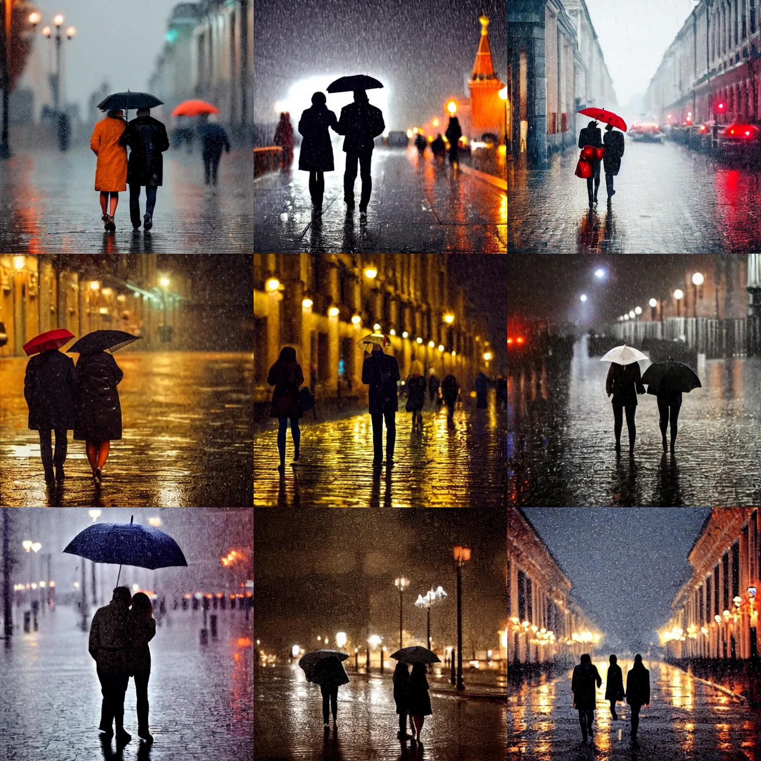 Prompt: a pair of lovers walking down the street in Moscow during an autumn raining night in the style of The New Yorker