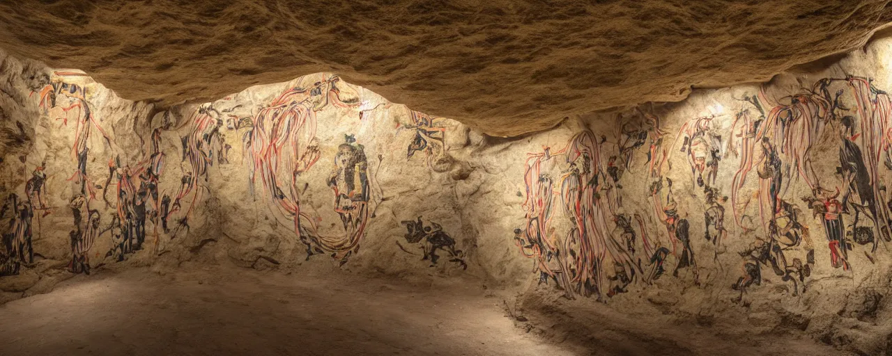 Image similar to wide shot paintings on a cave wall that feature spaghetti, archaic, fine detail