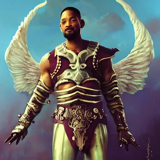 Image similar to will smith dressed as a gladiator and with angel wings fights against demons, matte painting, bold shapes, hard edges, street art, trending on artstation, by huang guangjian and gil elvgren and sachin teng