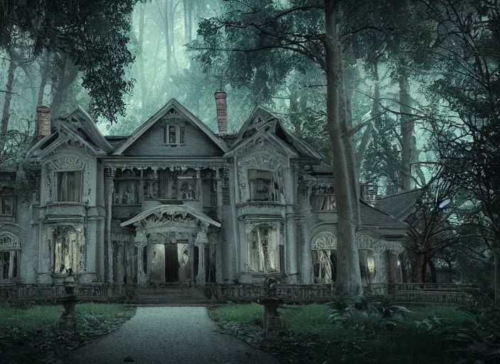 Image similar to A haunted Mansion in the middle of the woods, evil, demonic, enchanting, angelic, flowers, nature, city, symmetry, environment concept, cinematic, Rendered in Octane, trending on artstation, cgsociety, moody lighting rendered by octane engine, environment 8K artstation, cinematic lighting, intricate details, 8k detail post processing, hyperealistic, octane render, photo realism, visually inspired by Blade Runner 2049