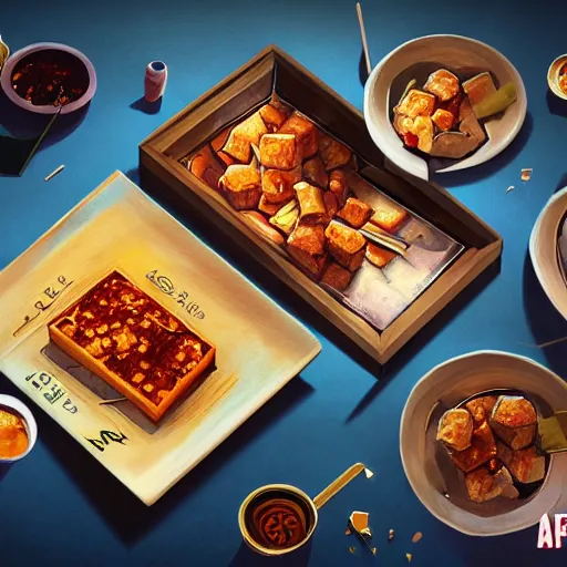 Prompt: An epic fantastic realism comic book style painting of the most beautiful mapo tofu, unreal 5, DAZ, hyperrealistic, octane render, dynamic lighting