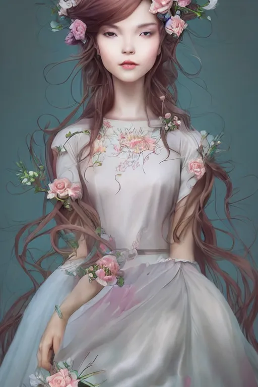 Image similar to romantic and fashion and love princess of the flower with sheath dress, 8 k realistic, teenager girl, baroque, symmetrical, flowing hair, smile, trending pinterest and pixiv, muted colors, hyperrealistic, l close up shot, character concept art, face by kyoung hwan kim, alexandra fomina, ilya kuvshinov