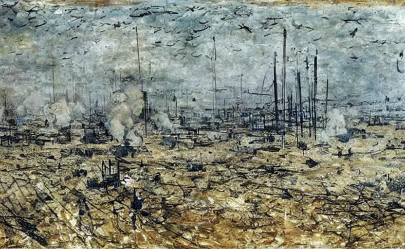 Image similar to painting by anslem kiefer of a battlefield