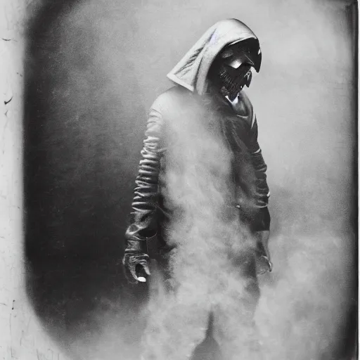 Prompt: ash maker, black leather, cyberpunk reaper, hulking, mysterious photo realism, style of roger fenton, flash photo