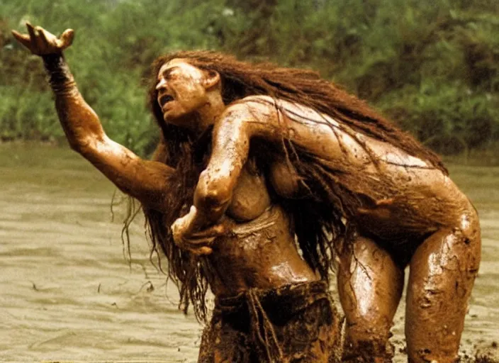 Image similar to 2 cavewomen mud wrestling t, movie still, from the movie quest for fire, 8 k, realistic