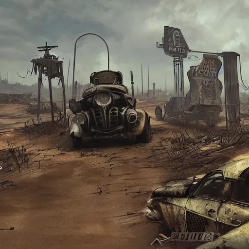 Image similar to fallout 4 wasteland, mad max fury road style painting