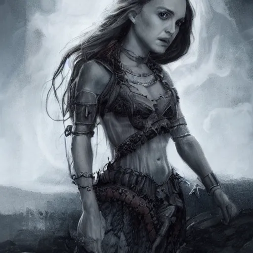 Image similar to full length portrait of a beautiful little girl standing on a lot of skulls in the hell, natalie portman, pigtails hairstyle, dark fantasy, high detailed, concept art, sharp focus, illustration