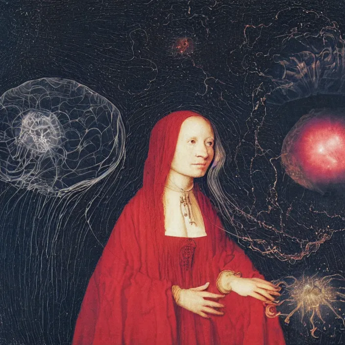 Prompt: a closeup portrait of a cloaked woman floating next to an jellyfish nebula, jellyfish nebula, by jan van eyck