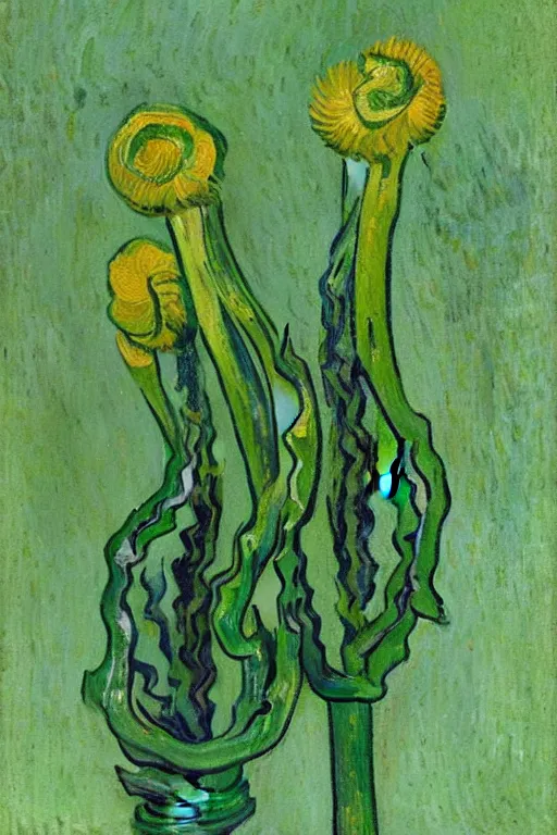 Image similar to Fiddleheads, painted by Vincent Van Gogh (1890), oil on canvas, detailed brushstrokes