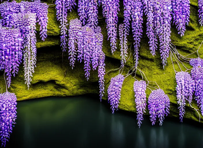 Prompt: a small wisteria tree on an island in a river in an underground cave. fantasy magic style. highly detailed 8 k. intricate. lifelike. soft light. sony a 7 r iv 5 5 mm. cinematic post - processing
