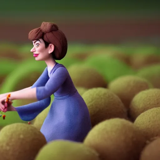 Image similar to a cinematic film still of a claymation stop motion film starring anne hathaway as female farmer with pitchfork, shallow depth of field, 8 0 mm, f 1. 8