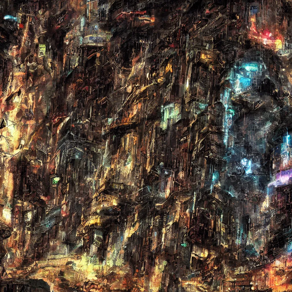 Prompt: a cave painting of a cyberpunk cave