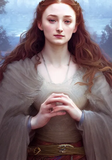 Image similar to portrait of little pretty sansa stark, intricate, elegant, highly detailed, digital painting, artstation, concept art, smooth, sharp focus, illustration, art by artgerm and greg rutkowski and alphonse mucha and william - adolphe bouguereau