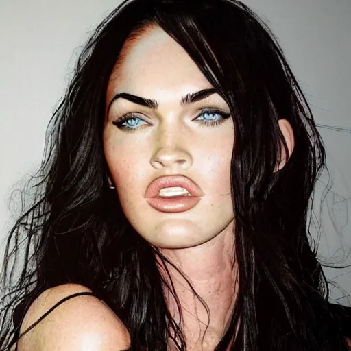 Image similar to megan fox sticking her tongue out. hyperrealistic portrait, photo realistic, poster, artstation, volumetric lighting, digital art, very detailed face by sam carr and by richard meril