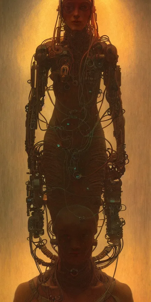 Image similar to ultra detailed, realistic cyberpunk portrait of one character, sci fi, cybernetic, wires, ar nouveau, by alfons maria mucha and zdzisław beksinski, dark mood, high detailed, 4 k, hd, high quality