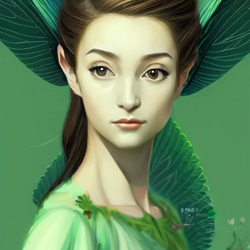 Image similar to 3 / 4 view of a portrait of pixie woman with wings, earthy green, forest background confident pose, pixie, genshin impact,, intricate, elegant, sharp focus, illustration, highly detailed, concept art, matte, trending on artstation, anime, strong brush stroke, sharp focus, illustration, art station, by ilya kuvshinov h 6 4 0