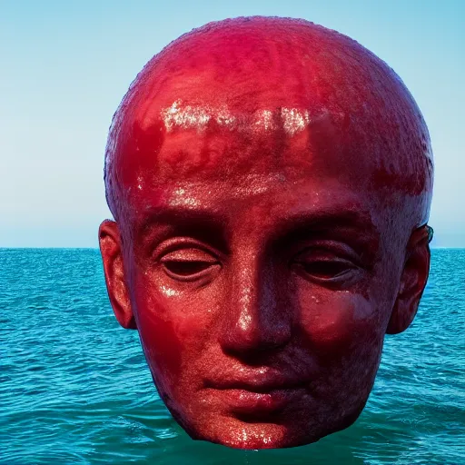 Image similar to a giant human head sculpture in the sea made out of juicy and transparent red jelly, long shot, hyper detailed, hyper realistic, ray tracing, 8 k resolution, sharp focus, realistic water, award winning