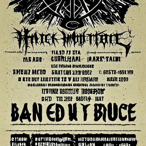 Image similar to black metal concert flyer, black metal logos, unreadable, 3 band lineup, local bar, d. i. y. venue, basement show