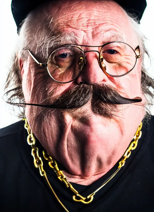 Image similar to dslr portrait photo still of!!! wilfred brimley!!!!!! white mustache mustache is white white white white mustache!!! as a gangsta rapper with gold chains and gold teeth grills growling at camera, 8 k, 8 5 mm f 1. 8