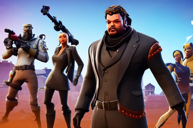 Prompt: a screenshot of a player with an orson welles skin in fortnite ( 2 0 1 7 ), citizen kane public event in fortnite