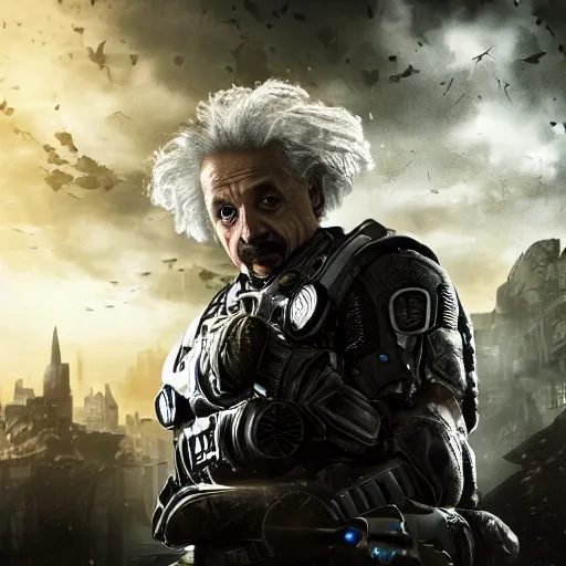 Prompt: 'Albert Einstein'! as (Batman) in Gears of War, splash art, movie still, detailed face, cinematic lighting, dramatic, octane render, long lens, shallow depth of field, bokeh, anamorphic lens flare, 8k, hyper detailed, 35mm film grain