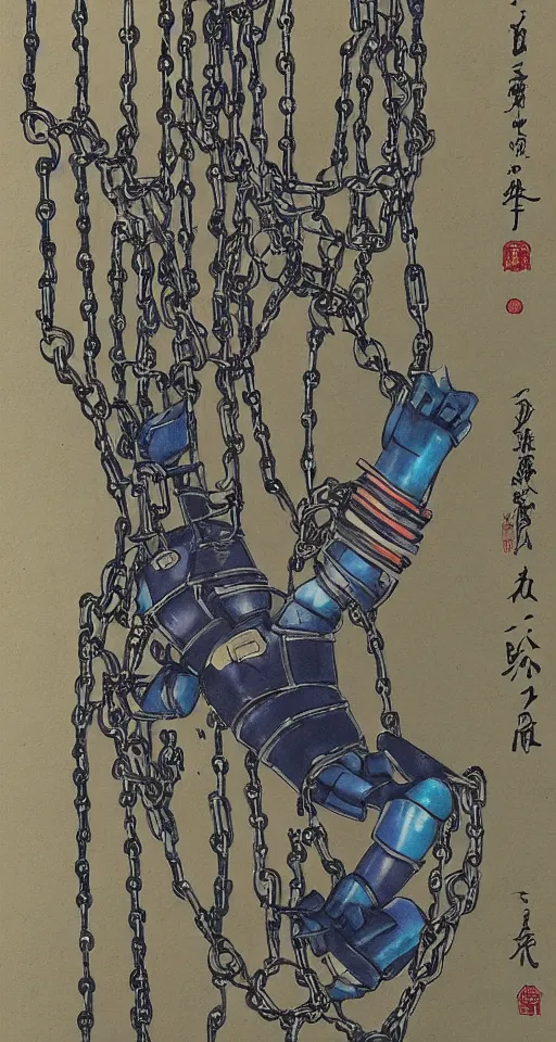 Image similar to a robot hanging by his feet in chains upside down peacefully, beautiful coloured Japanese ink painting inspired by the hanged man tarot card, soft lines