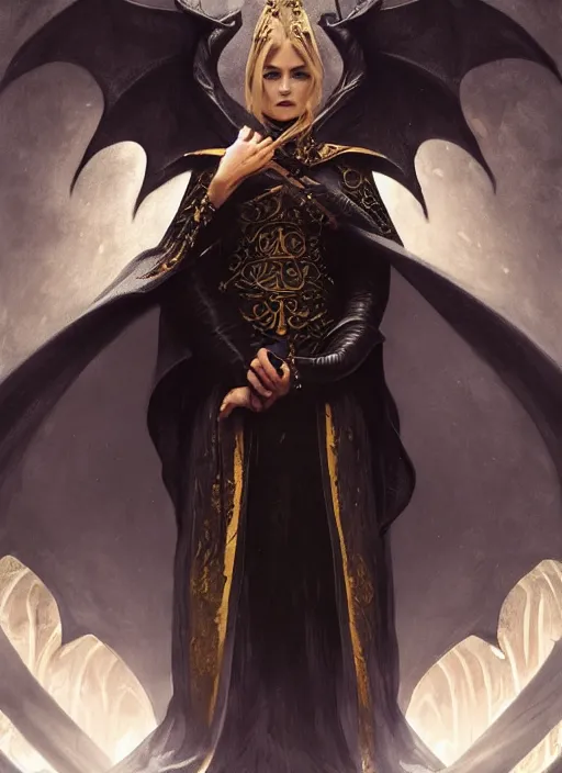 Image similar to medium-length portrait of a female dragonborn wizard with black scales and golden eyes, black dragon head, serious expression, wears a beautiful flowing dark robe, medieval setting, highly detailed, digital painting, artstation, concept art, sharp focus, illustration, art by greg rutkowski and alphonse mucha