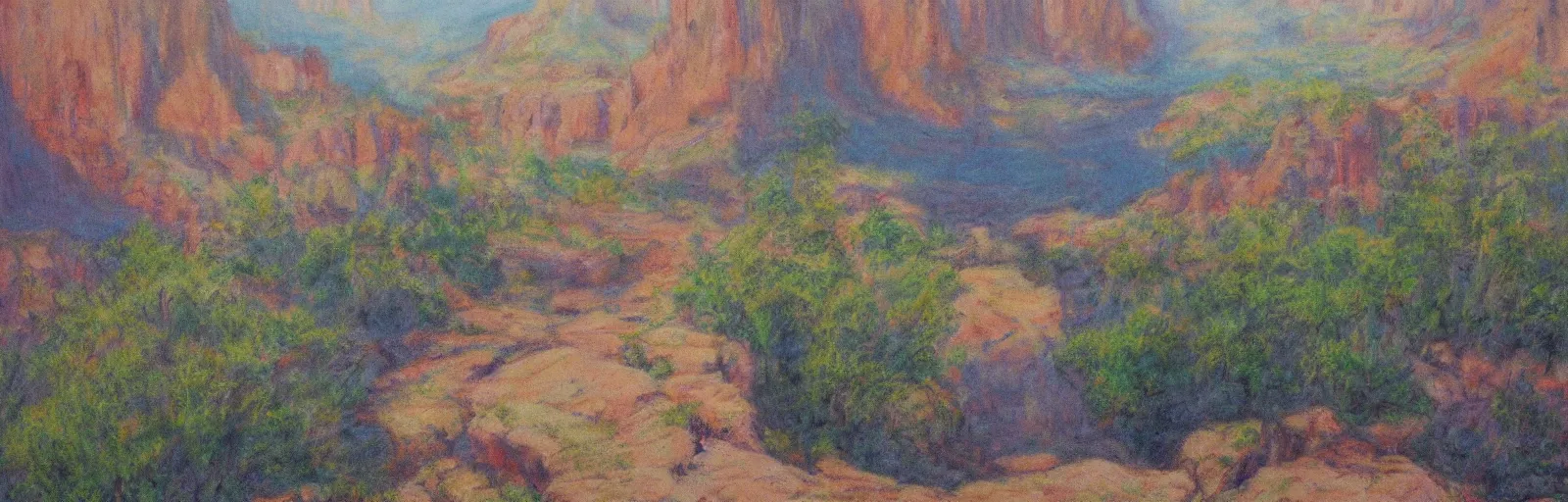 Image similar to landscape meadow flowing into grand canyon, pastel artwork