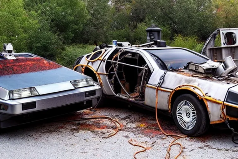 Image similar to rusty, derelict 2 0 2 2 delorean time machine being dragged by a tow truck