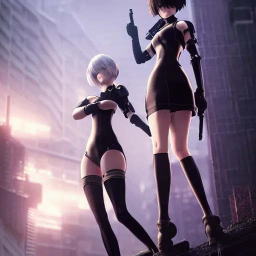 Image similar to realistic render 2 b and 9 s from nier automata by ross draws, futuristic dystopian city by ilya kuvshinov, digital anime art by ross tran, extreme intricate details, composition by sana takeda, lighting by greg rutkowski