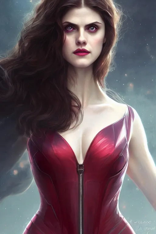 Image similar to alexandra daddario as scarlett witch, realistic portrait, symmetrical, highly detailed, digital painting, artstation, concept art, smooth, sharp focus, illustration, cinematic lighting, art by artgerm and greg rutkowski and alphonse mucha