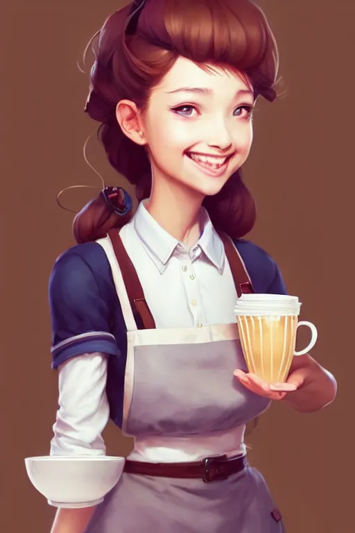 Prompt: a cute cafe waitress holding a coffee tray | | cute - fine - face, smiling, pretty face, fine details by stanley artgerm lau, wlop, rossdraws, james jean, andrei riabovitchev, marc simonetti, and sakimichan, trending on artstation