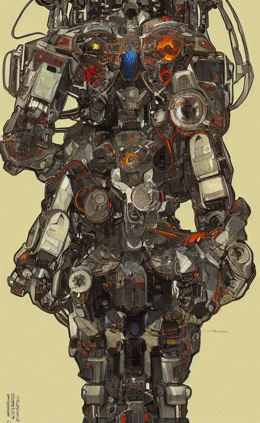 Image similar to upper half portrait of army mecha robot, art by alphonse mucha, highly detailed, digital painting, concept art, illustration, smooth sharp focus, intricate, symmetry, artstation, colourful,