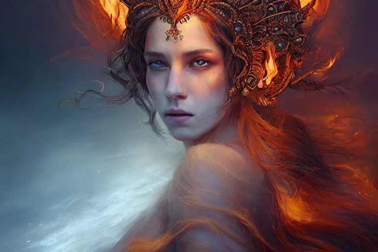 Image similar to Majestic painting of a beautiful young female fire goddess!!, intricate, epic, elegant, menacing, fantasy, highly detailed, digital painting, hard focus, beautiful volumetric lighting, epic light, ultra detailed, souls, smoke, by Leesha Hannigan, Ross Tran, Thierry Doizon, Kai Carpenter, Ignacio Fernández Ríos