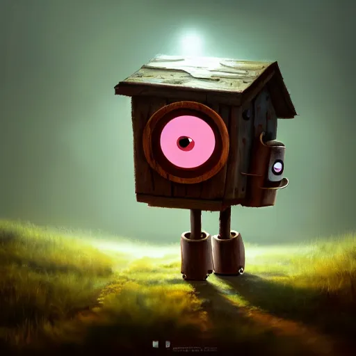 Prompt: a walking cute wood house with two mechanical legs and two glowing eyes and a mouth, rust, hyperrealistic, pareidolia, highly detailed, cinematic, single ray of sun, fog, city in background, beautiful, cgssociety, artstation, 8 k, oil painting