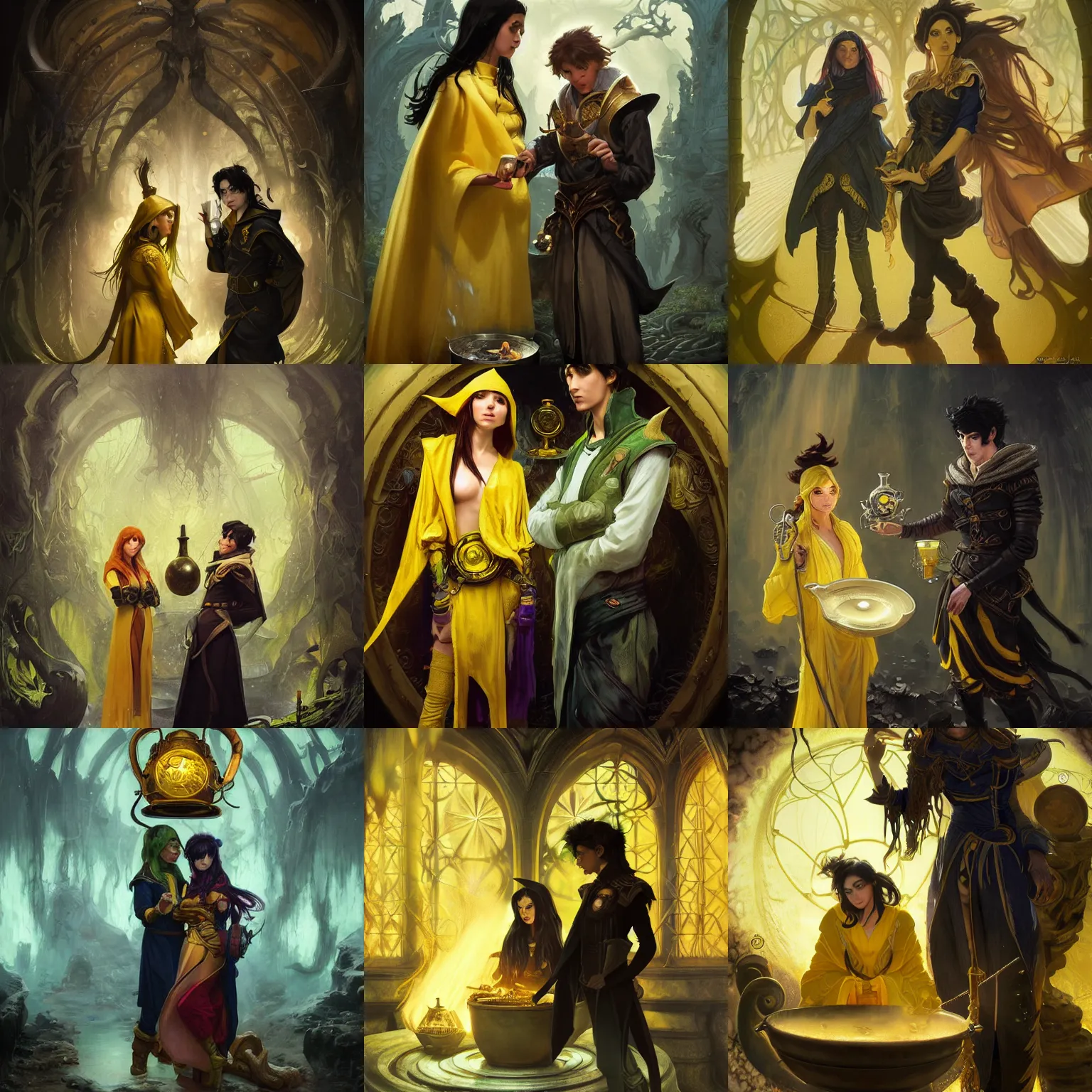 Prompt: a male elf alchemist with black hair wearing a yellow coat and a female harpy alchemist standing next to a boiling cauldron, fantasy, highly detailed, digital painting, artstation, concept art, character art, art by greg rutkowski and tyler jacobson and alphonse mucha