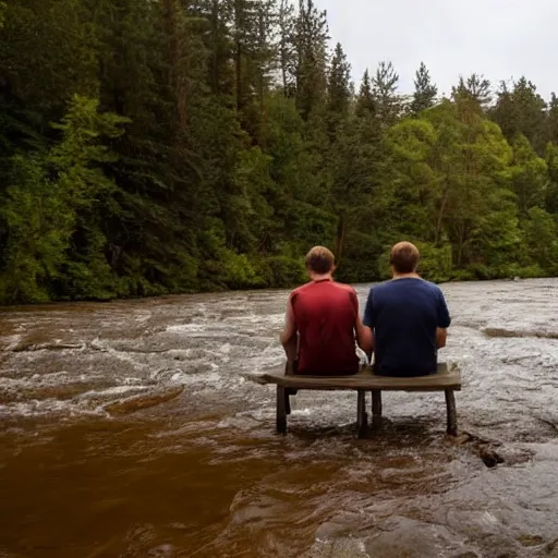 Image similar to two men sitting in a small damn on a river with a forest in the background