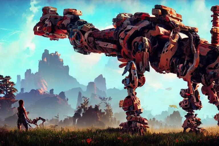 Image similar to scrapper machine creature robot of horizon forbidden west horizon zero dawn radiating a glowing aura global illumination ray tracing hdr fanart arstation by ian pesty and alena aenami artworks in 4 k