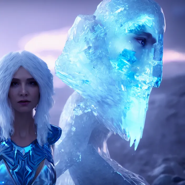 Image similar to beautiful cryomancer ice queen confronting an ice monster ,highly detailed, 8k, HDR, award-winning, trending on artstation, octane render