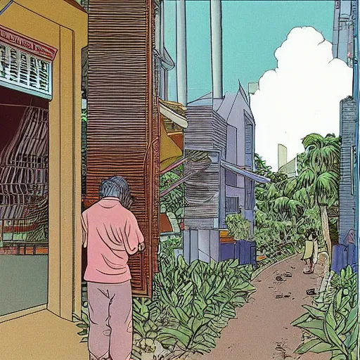 Image similar to snapshot of a person in a singaporean neighbourhood, by moebius