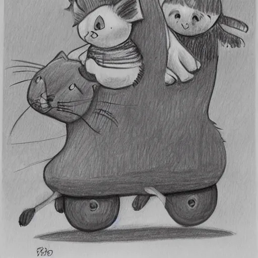 Image similar to a drawing of small people riding an gigantic cat