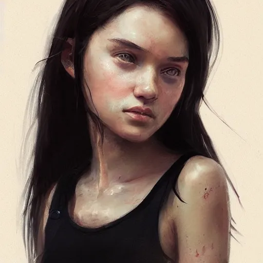 Prompt: portrait of a girl by greg rutkowski, she is about 2 0 years old, mixture between russian and japanese, prettt, black bob hair with two strands around her face, wearing a tank top, highly detailed portrait, digital painting, artstation, concept art, smooth, sharp foccus ilustration, artstation hq