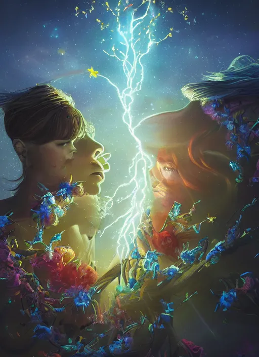 Image similar to An epic fantastic realism comic book style painting of the most beautiful entwined flowers launched across the dark galactic night sky, nebulous bouquets, fisheye, lightning creating life, unreal 5, DAZ, hyperrealistic, octane render, dynamic lighting