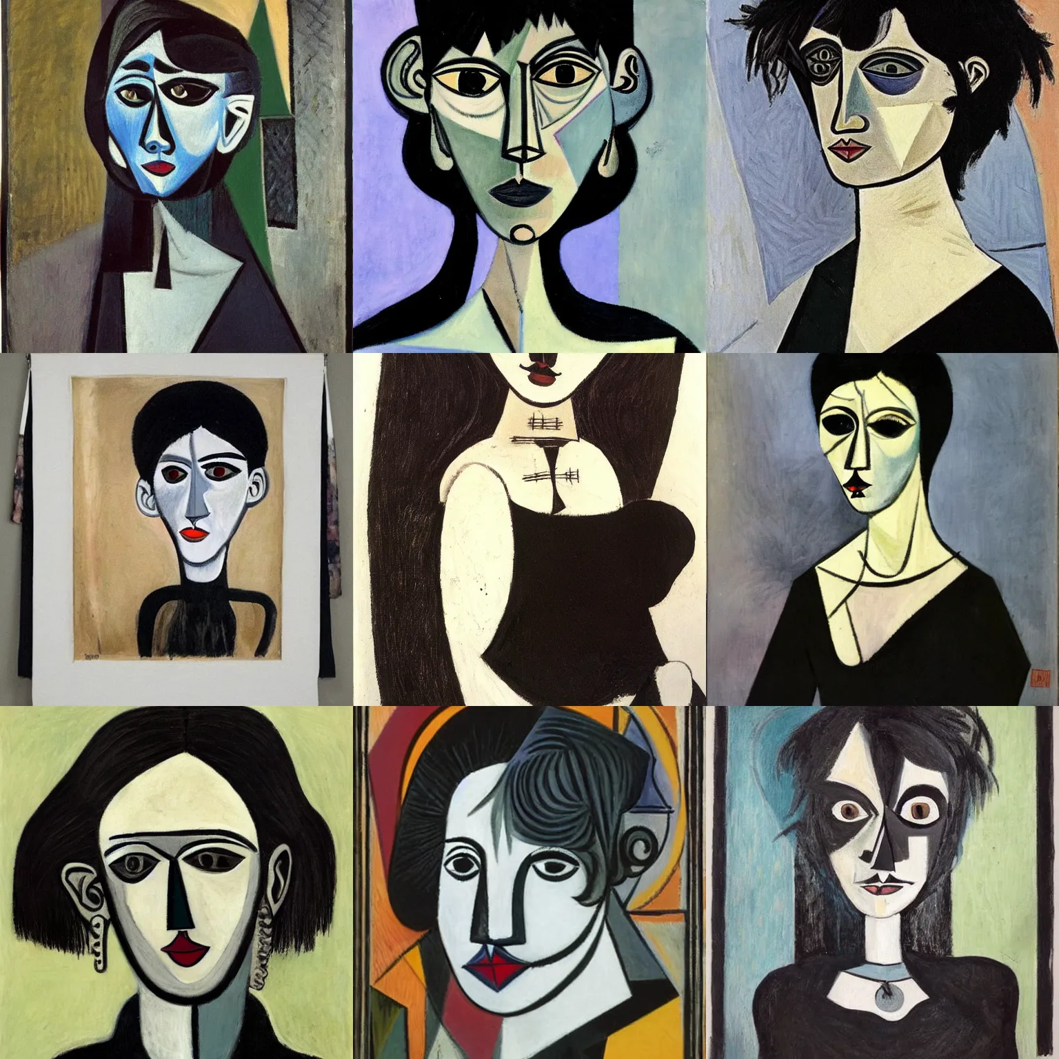 Prompt: A goth portrait painted by Pablo Picasso. Her hair is dark brown and cut into a short, messy pixie cut. She has a slightly rounded face, with a pointed chin, large entirely-black eyes, and a small nose. She is wearing a black tank top, a black leather jacket, a black knee-length skirt, a black choker, and black leather boots.