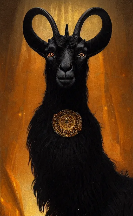 Image similar to a detailed portrait of a black goat on a golden throne, in a red river, concept art, deep focus, intricate, highly detailed, digital painting, artstation, matte, sharp focus, illustration, art by greg rutkowski and alphonse mucha