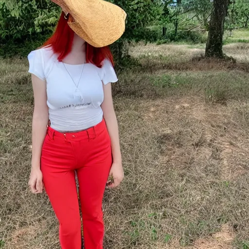 Image similar to red headed woman wearing a wide brimmed straw hat and a fanny pack