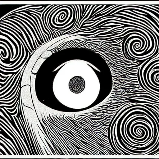 Image similar to surrealist orangutan, manga art, juji ito, style of uzumaki, spiral eyes