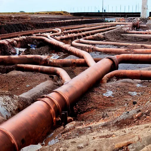Image similar to underground copper mine, flooded, dirty water, rusty pipes