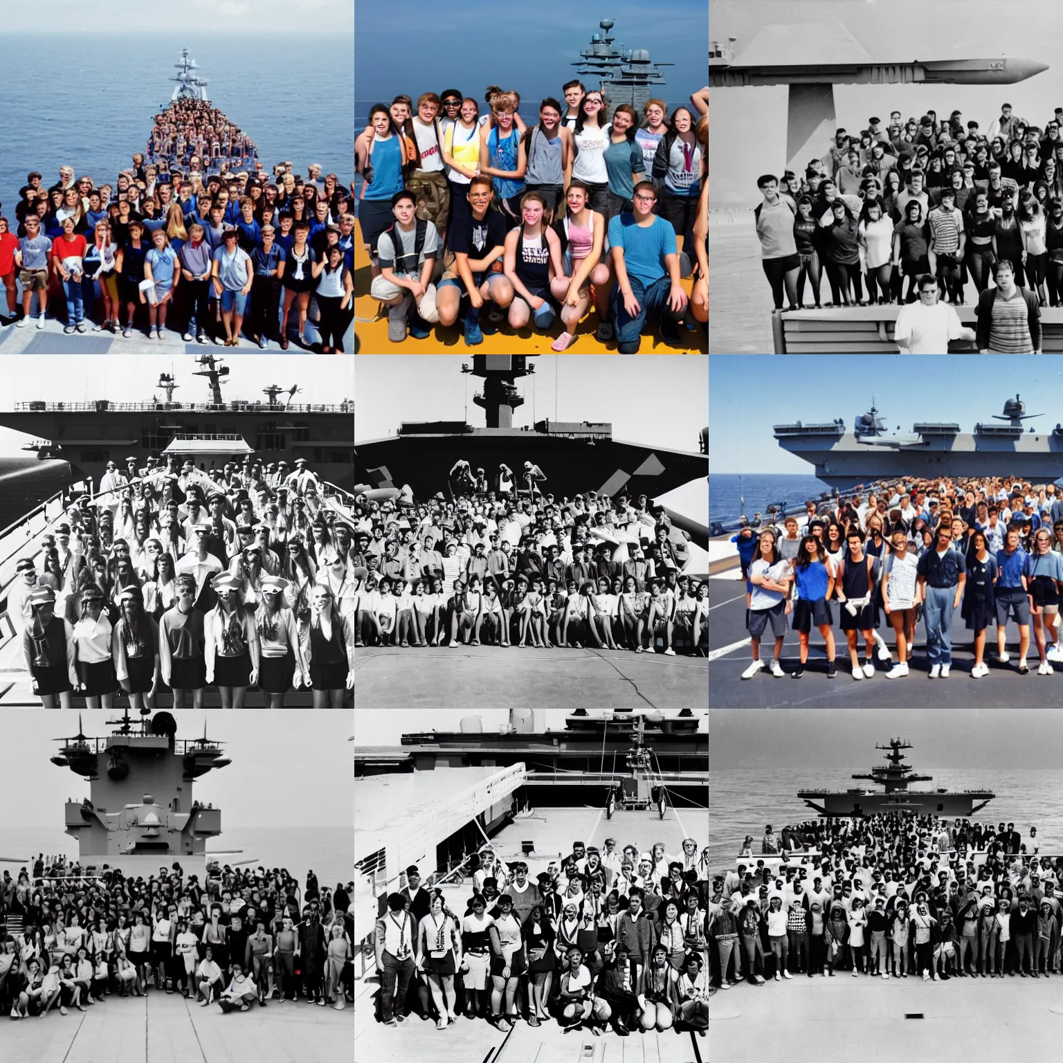 Prompt: A high school class on a school trip, standing on the deck of an aircraft carrier